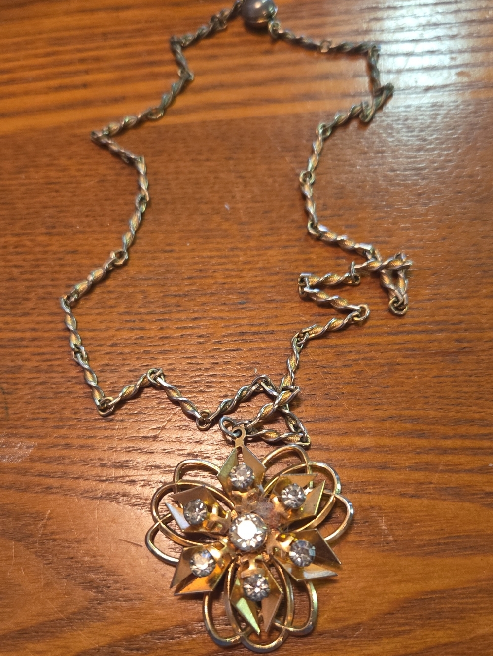 Gold-Tone Floral Statement Pendant Necklace with Clear Stones